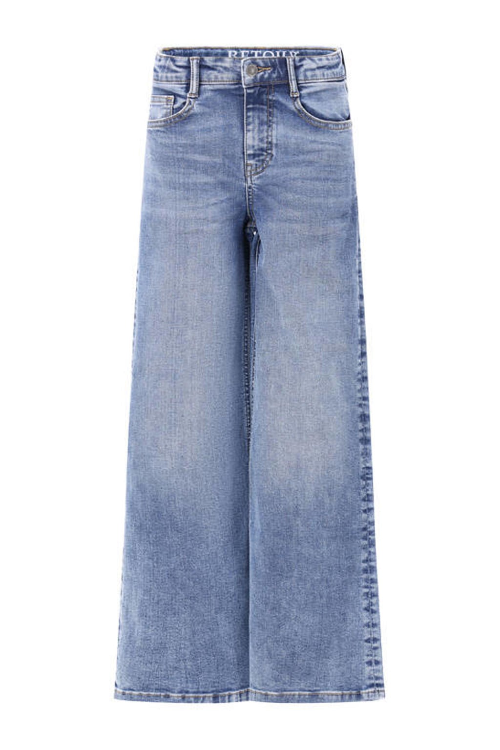 Medium blue denim meisjes Retour Jeans wide leg jeans van stretchdenim met rits- en knoopsluiting en effen