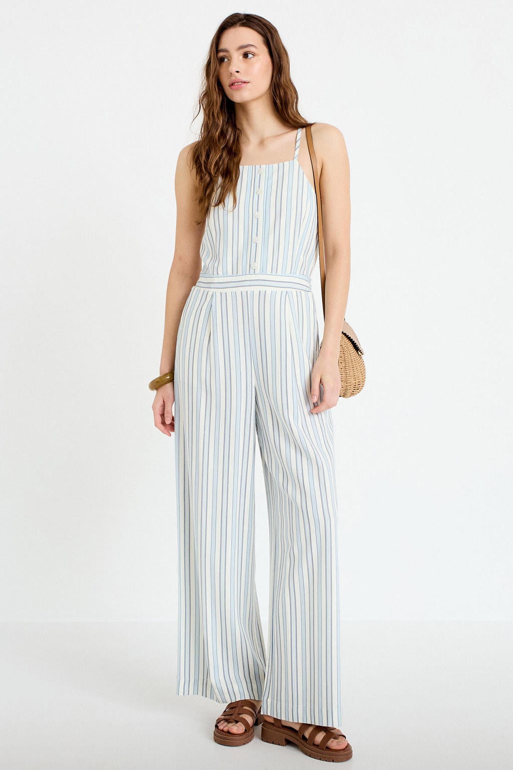 Ecru en lichtblauwe dames Cache Cache gestreepte jumpsuit linnen met spaghettibandjes, vierkante hals en sierknopen