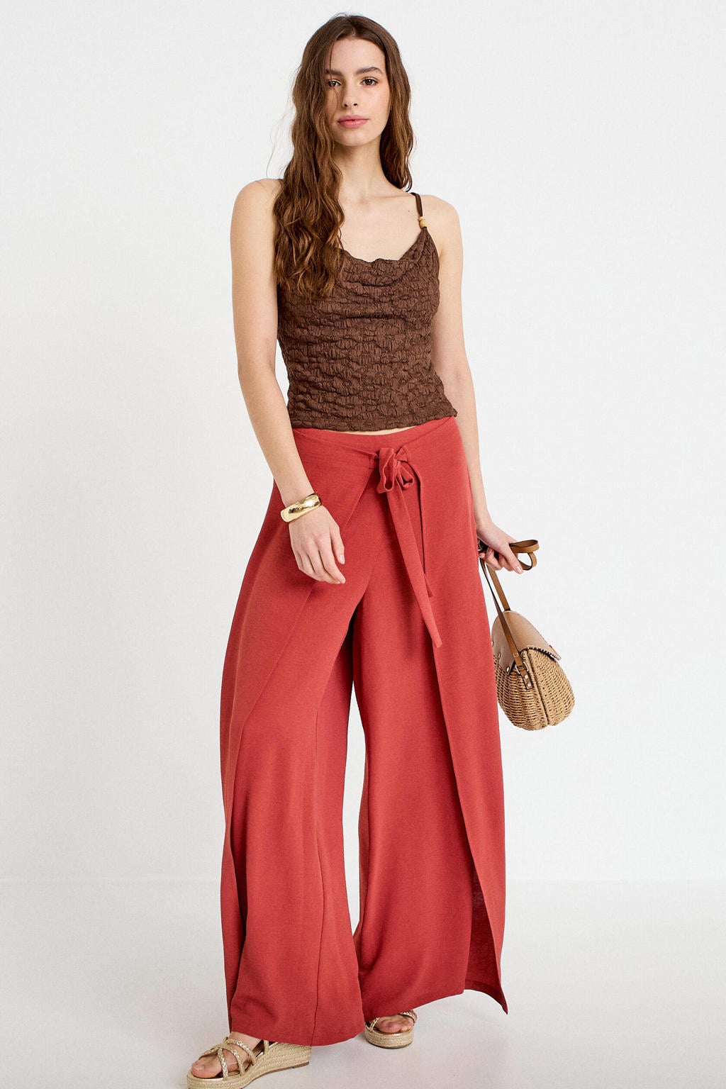 Koraalrode dames Cache Cache wide leg high waist broek met elastische tailleband met koord en effen
