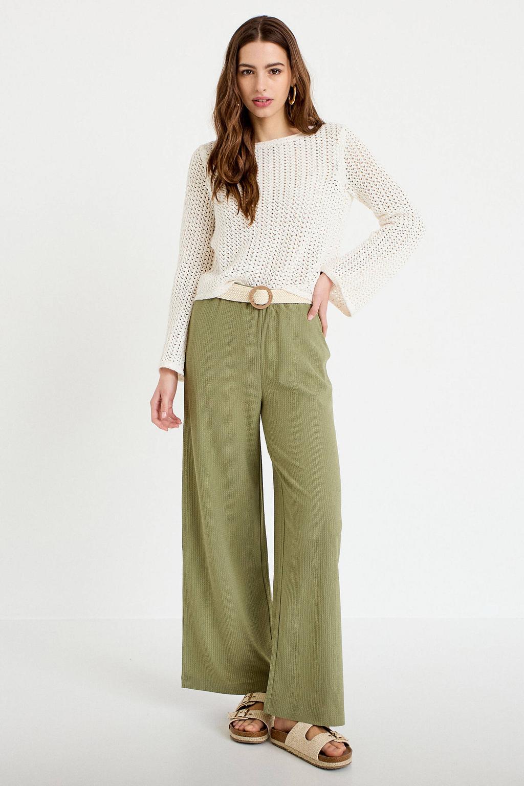 Kakikleurige dames Cache Cache casual broek groen van polyester met straight fit, high waist en effen