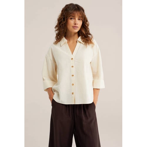WE Fashion blouse met krijtstreep lichtgeel afbeelding