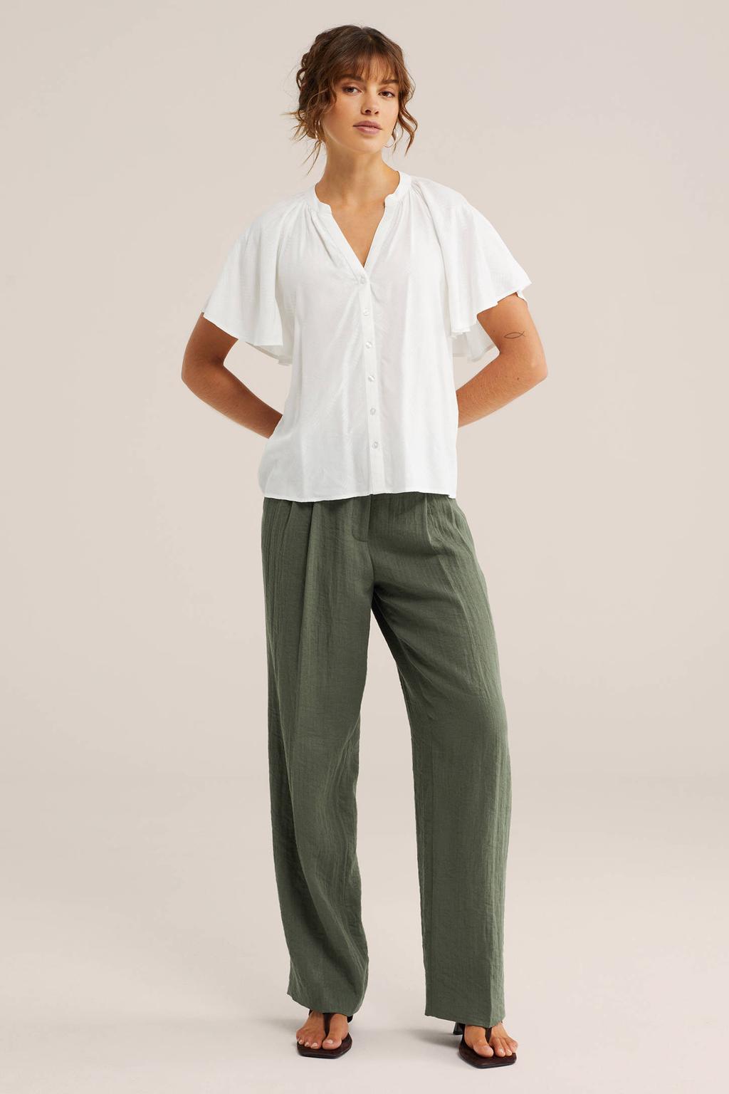 Witte dames WE Fashion blouse van viscose met effen, driekwart mouwen, V-hals en knoopsluiting