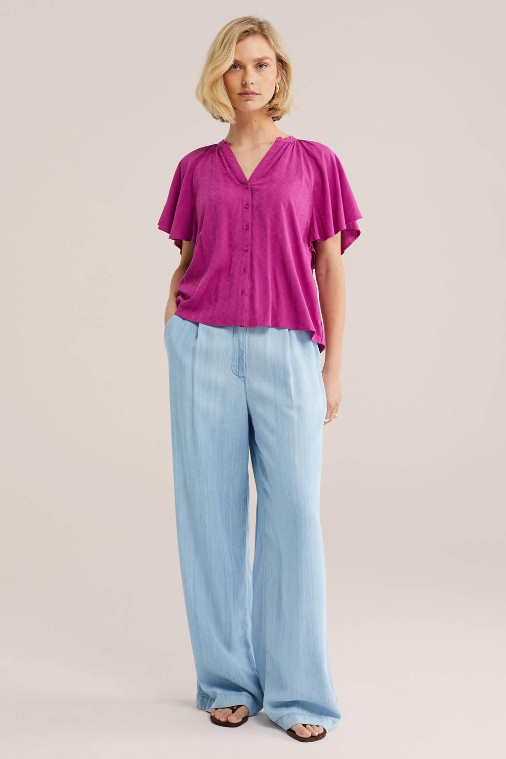 Fuchsia dames WE Fashion blouse van viscose met effen, driekwart mouwen, V-hals en knoopsluiting