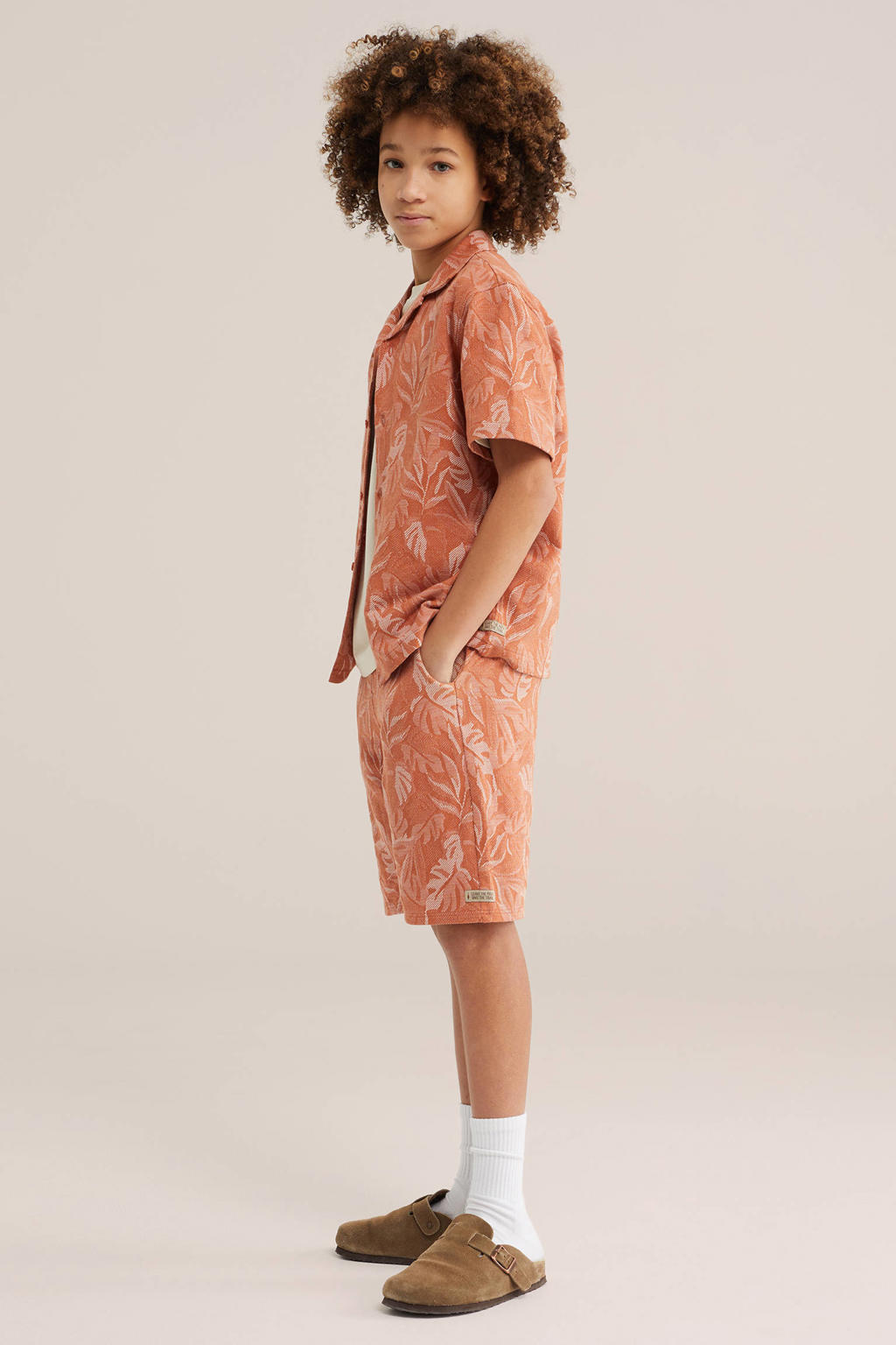Oranje jongens WE Fashion casual overhemd van katoen met korte mouwen, klassieke kraag en knoopsluiting