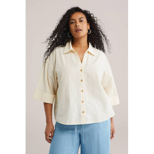 WE Fashion blouse met krijtstreep lichtgeel afbeelding