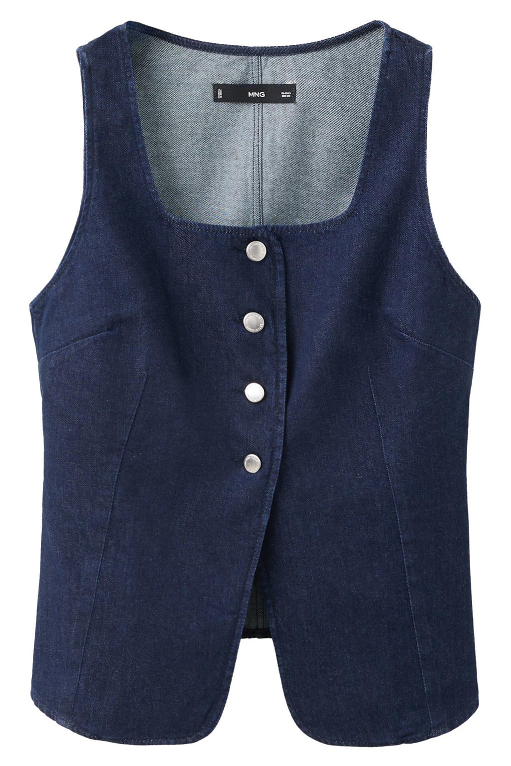 Dark blue denim dames Mango gilet dark blue van denim met effen, vierkante hals en knoopsluiting