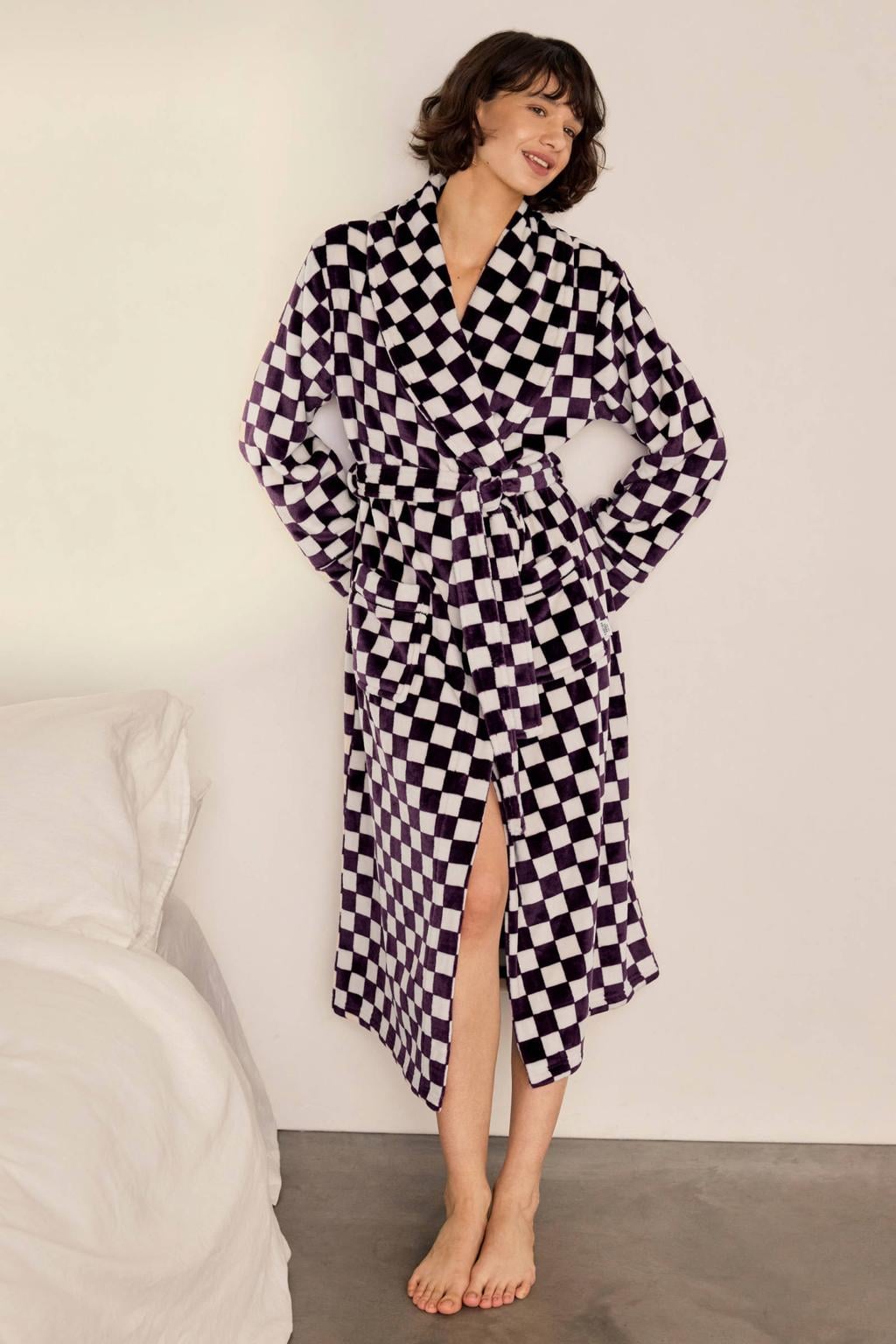 Chelsea Peers fleece geruite badjas - donkerpaars/wit