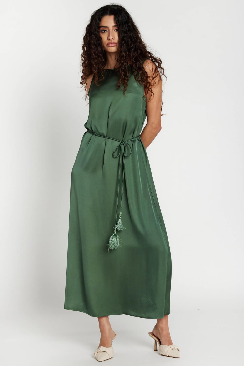 Donkergroene dames Bruuns Bazaar maxi jurk van viscose met effen en boothals