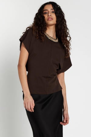blouse met parels - donkerbruin