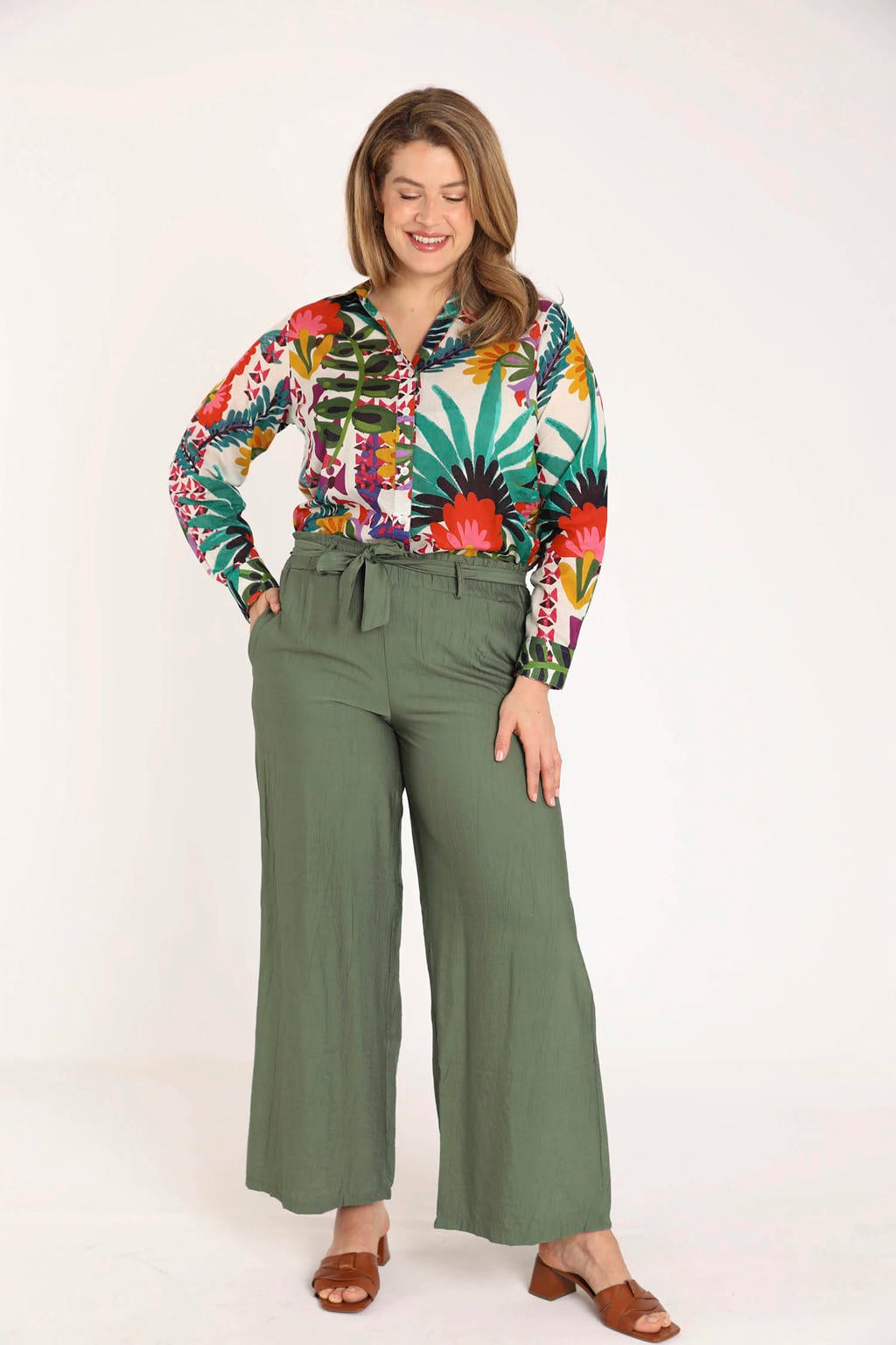 Multikleurige dames Paprika blouse van katoen met lange mouwen, klassieke kraag en knoopsluiting