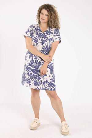 linnen korte jurk Plus Size met print - blauw