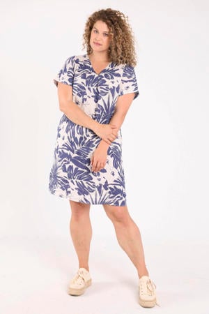 linnen korte jurk Plus Size met print - blauw