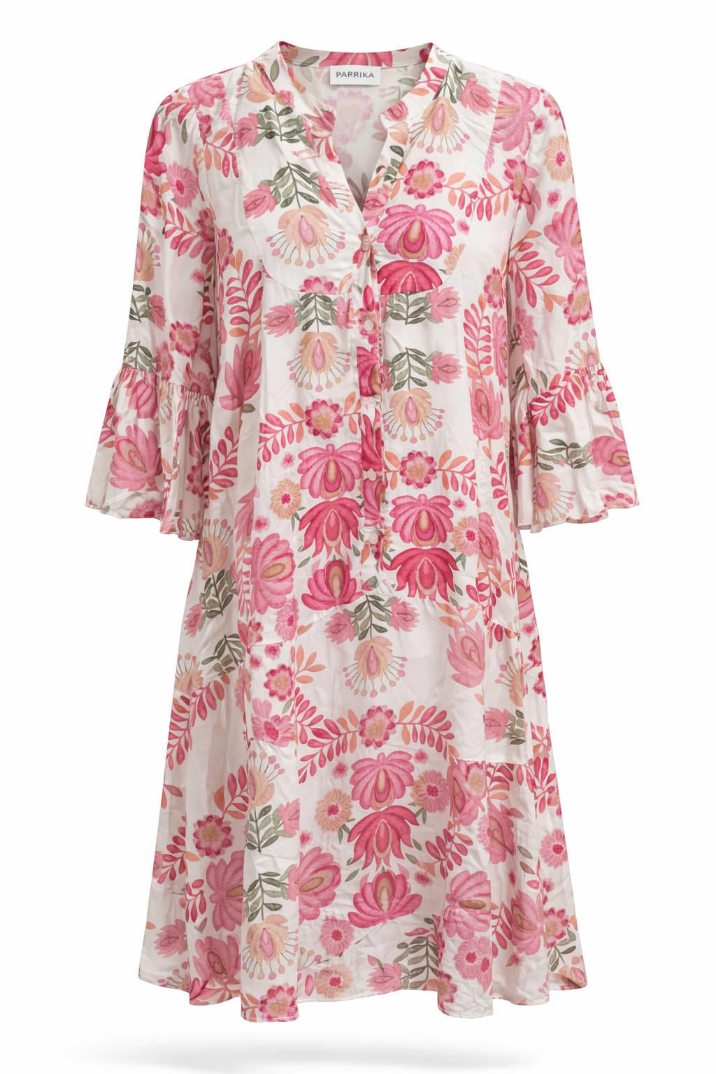 Rood, ecru en groene dames Paprika gebloemde blousejurk van viscose met driekwart mouwen, V-hals en knoopsluiting