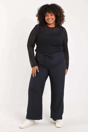 wide leg regular waist broek met krijtstreep blauw