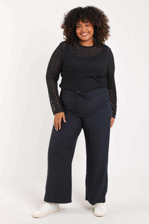 wide leg regular waist broek met krijtstreep blauw