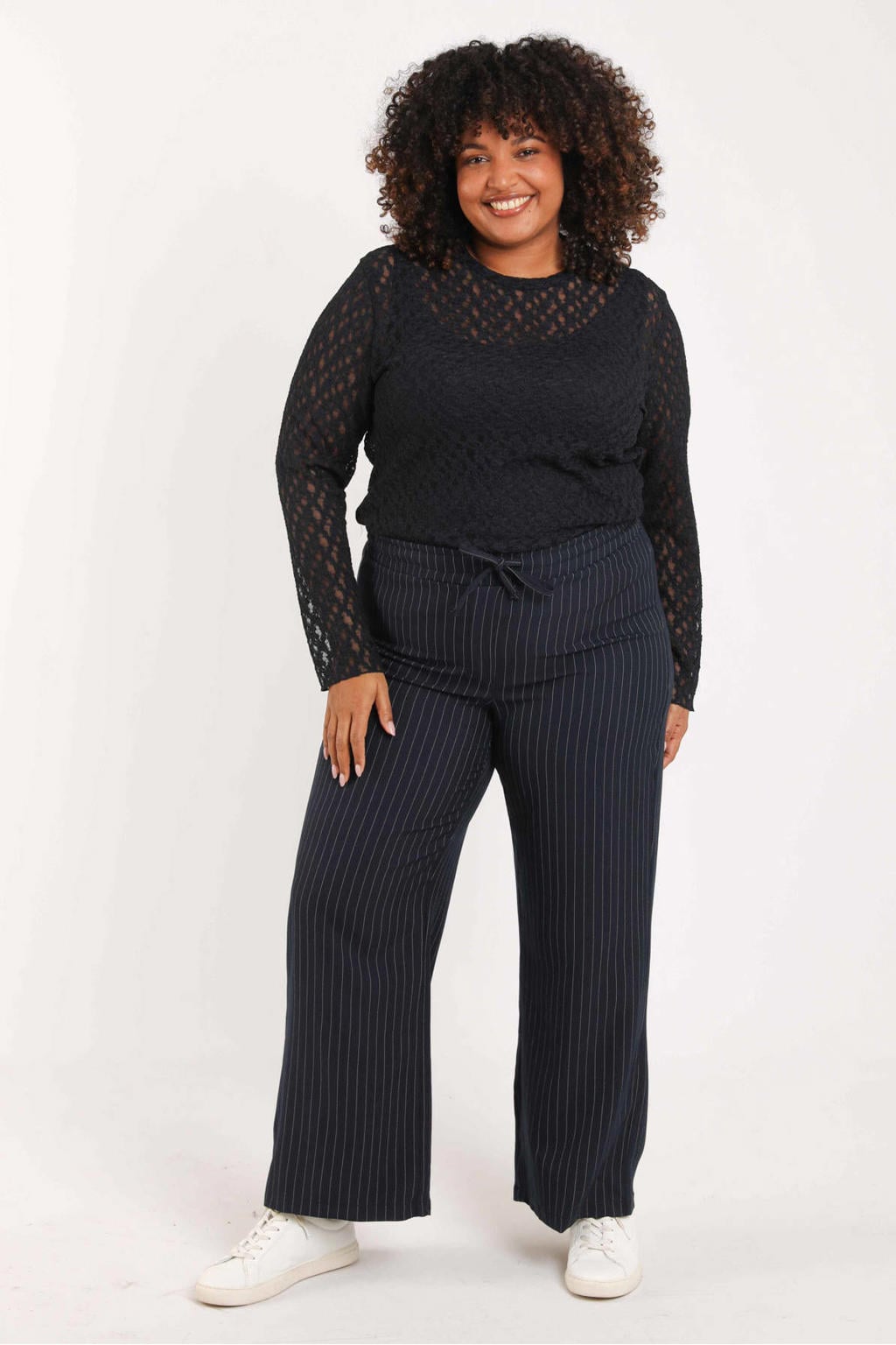 Blauw en ecru dames Paprika wide leg regular waist broek met elastische tailleband met koord en krijtstreepprint