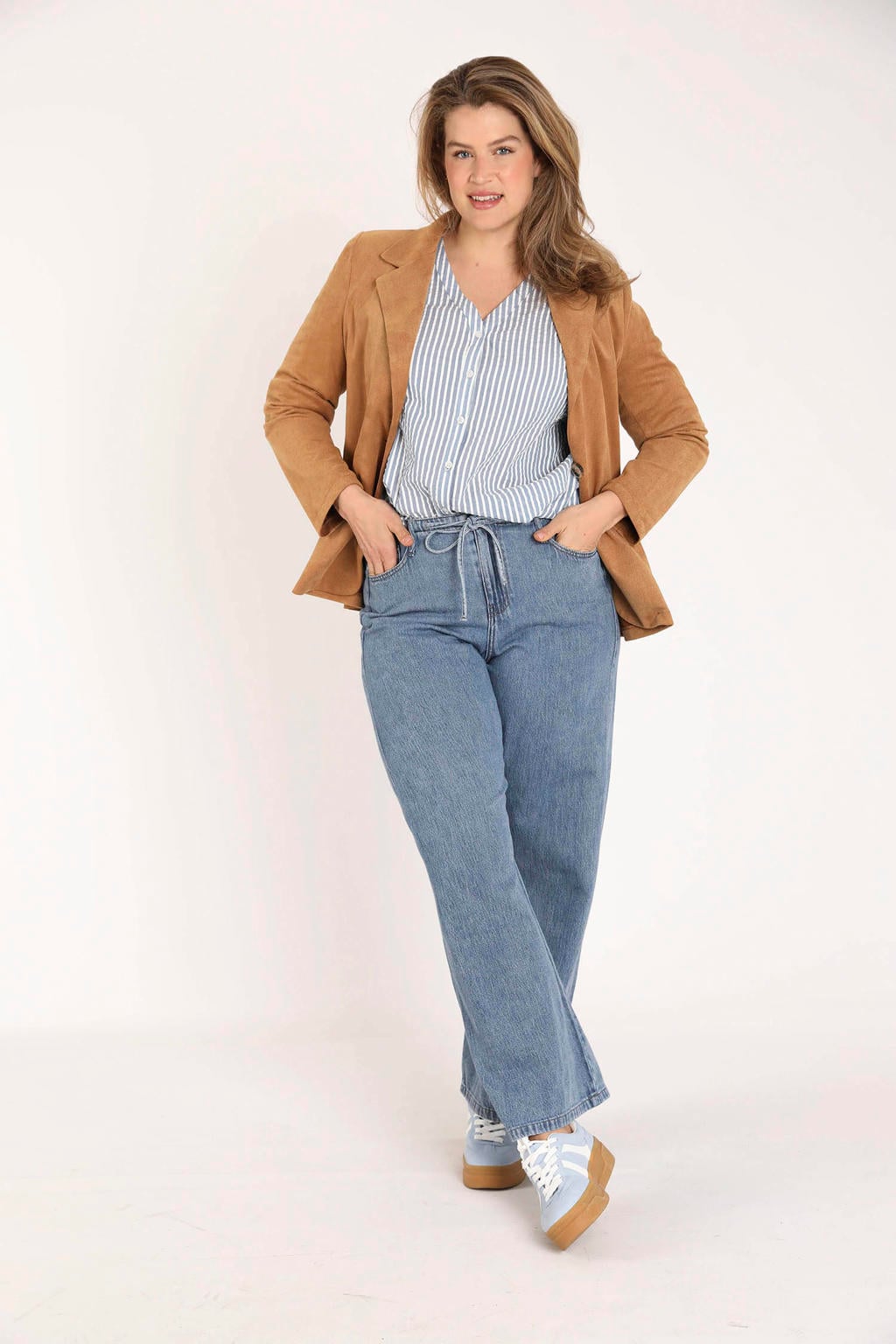 Blauw en ecru dames Paprika blouse van katoen met krijtstreepprint, driekwart mouwen, klassieke kraag en knoopsluiting