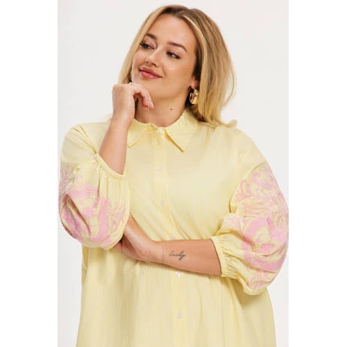 YOEK blousejurk met broderie en krijtstreep geel afbeelding