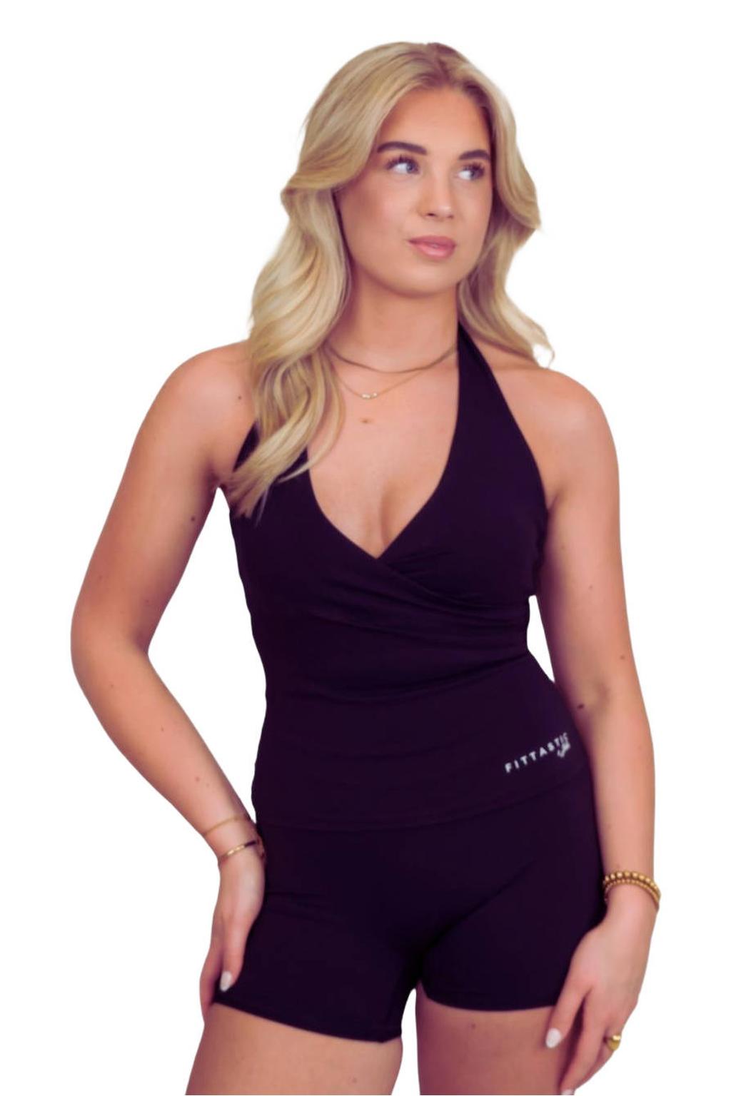 Zwarte dames Fittastic Sportswear sporttop van nylon met halterkraag