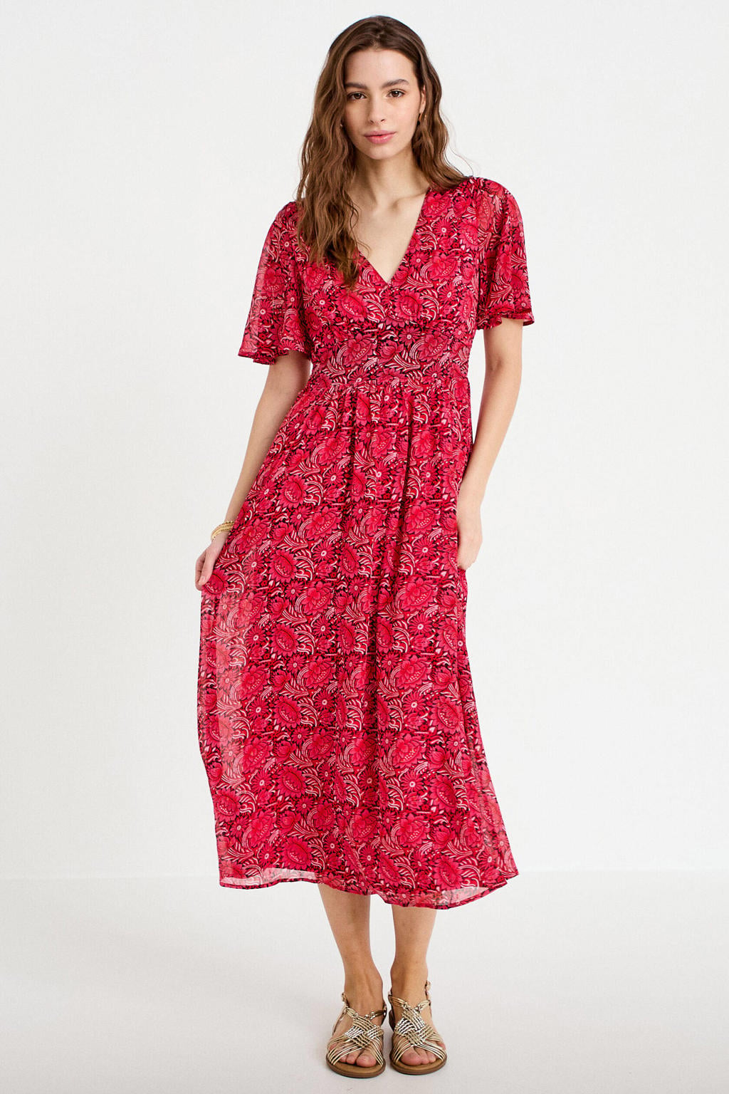 Rood en zwarte dames Cache Cache midi jurk V-hals van polyester met korte mouwen
