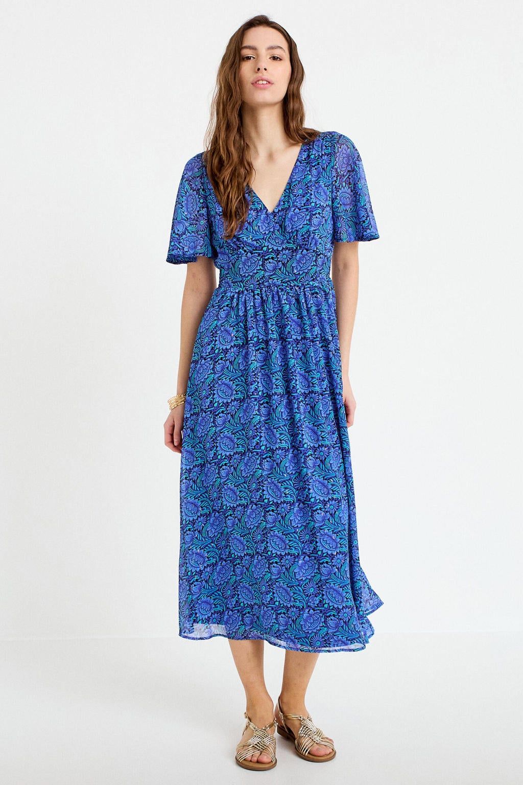 Blauwe dames Cache Cache jurk van polyester met bloemenprint, korte mouwen en V-hals