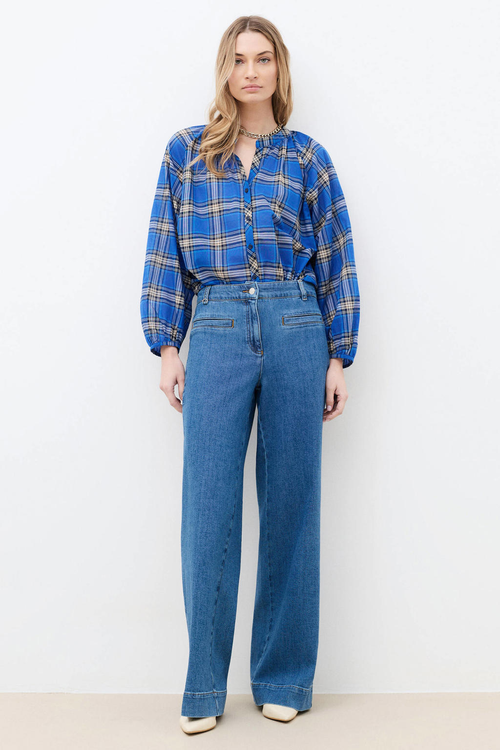 Medium blue denim dames Caroll high waist flared jeans van denim met rits- en knoopsluiting en effen