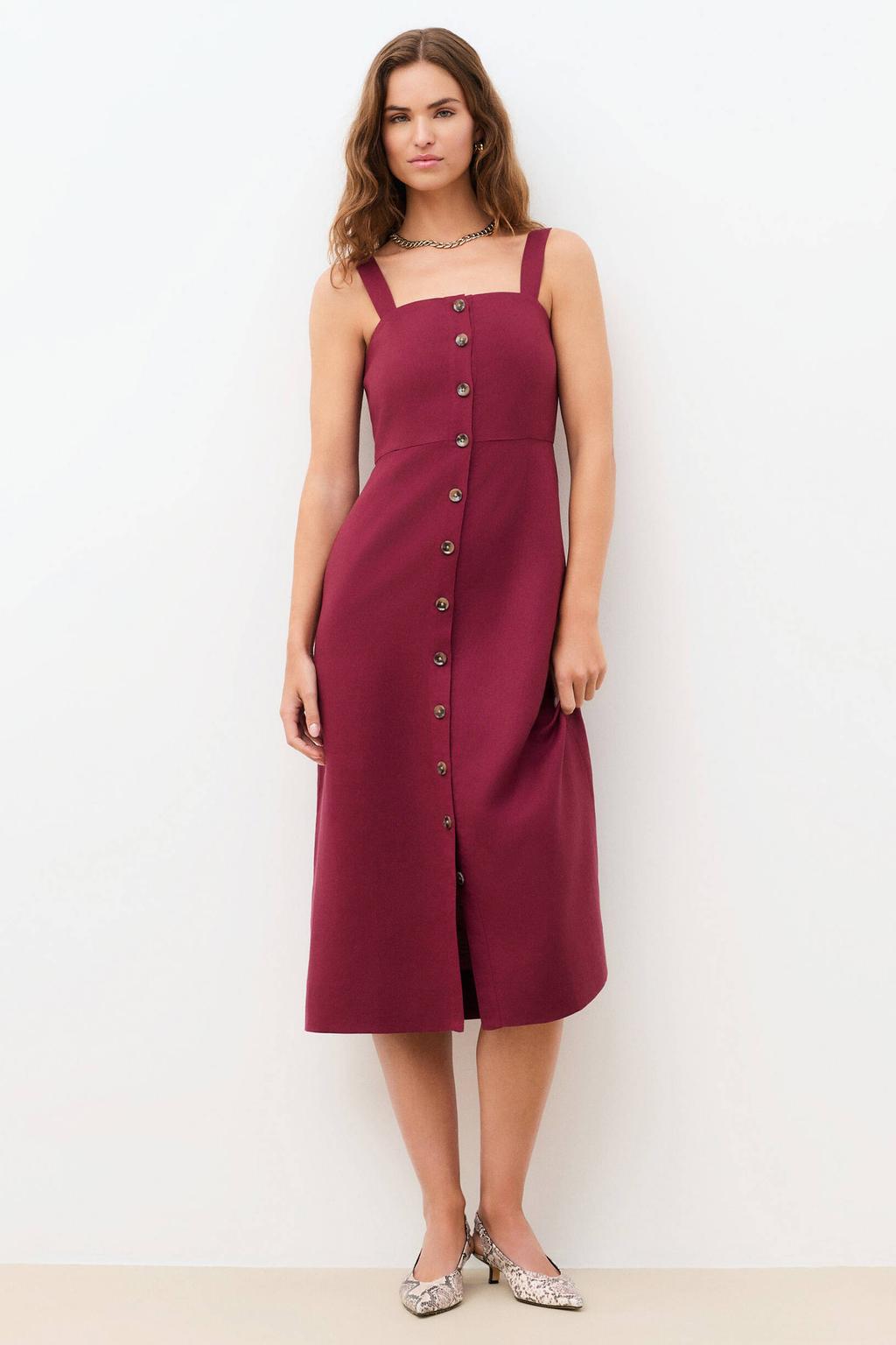 Donkerrode dames Caroll linnen zomerjurk met effen, vierkante hals en knoopsluiting