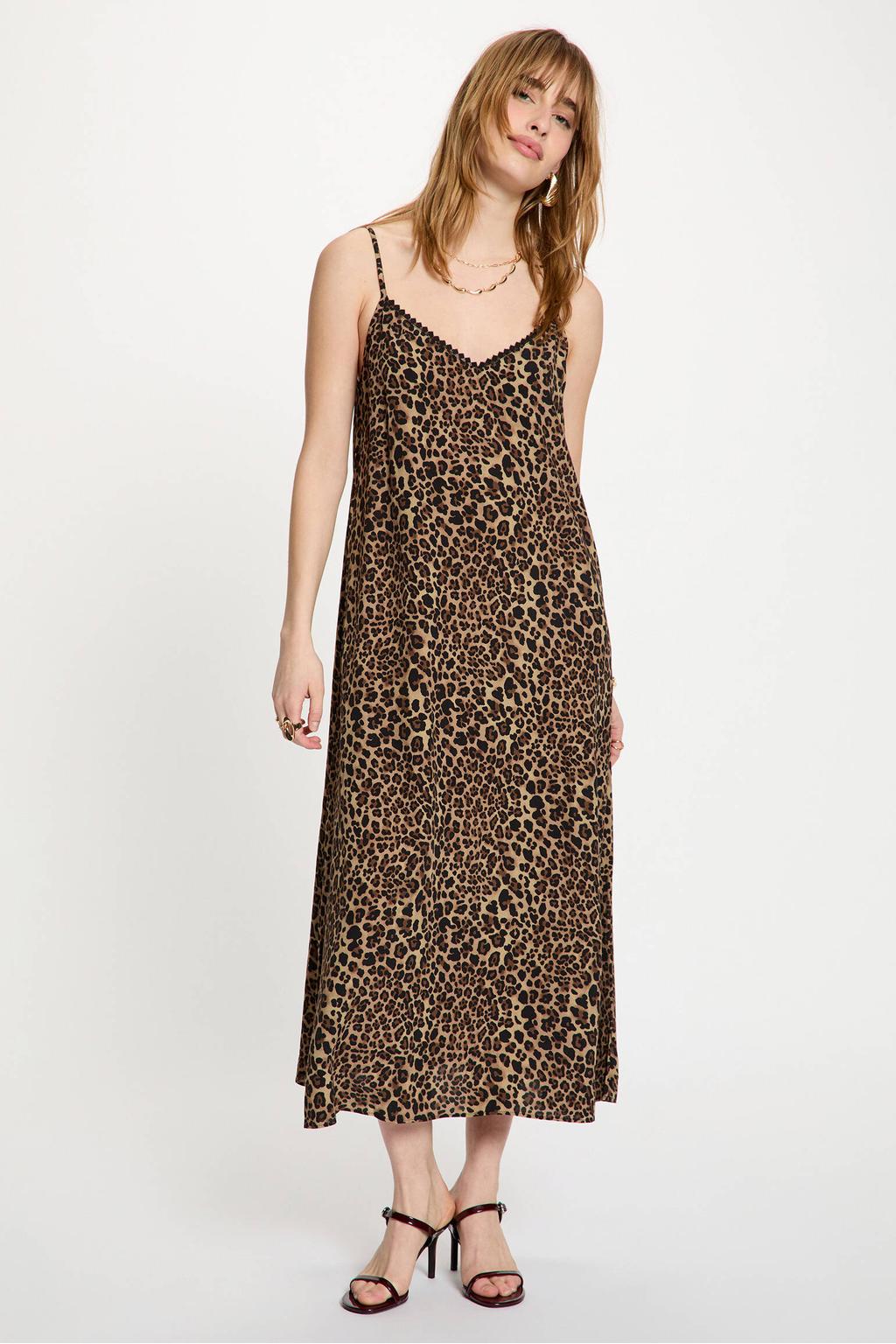 Lichtbruin en zwarte dames Morgan zomerjurk van viscose met panterprint, spaghettibandjes, V-hals en sierbandjes