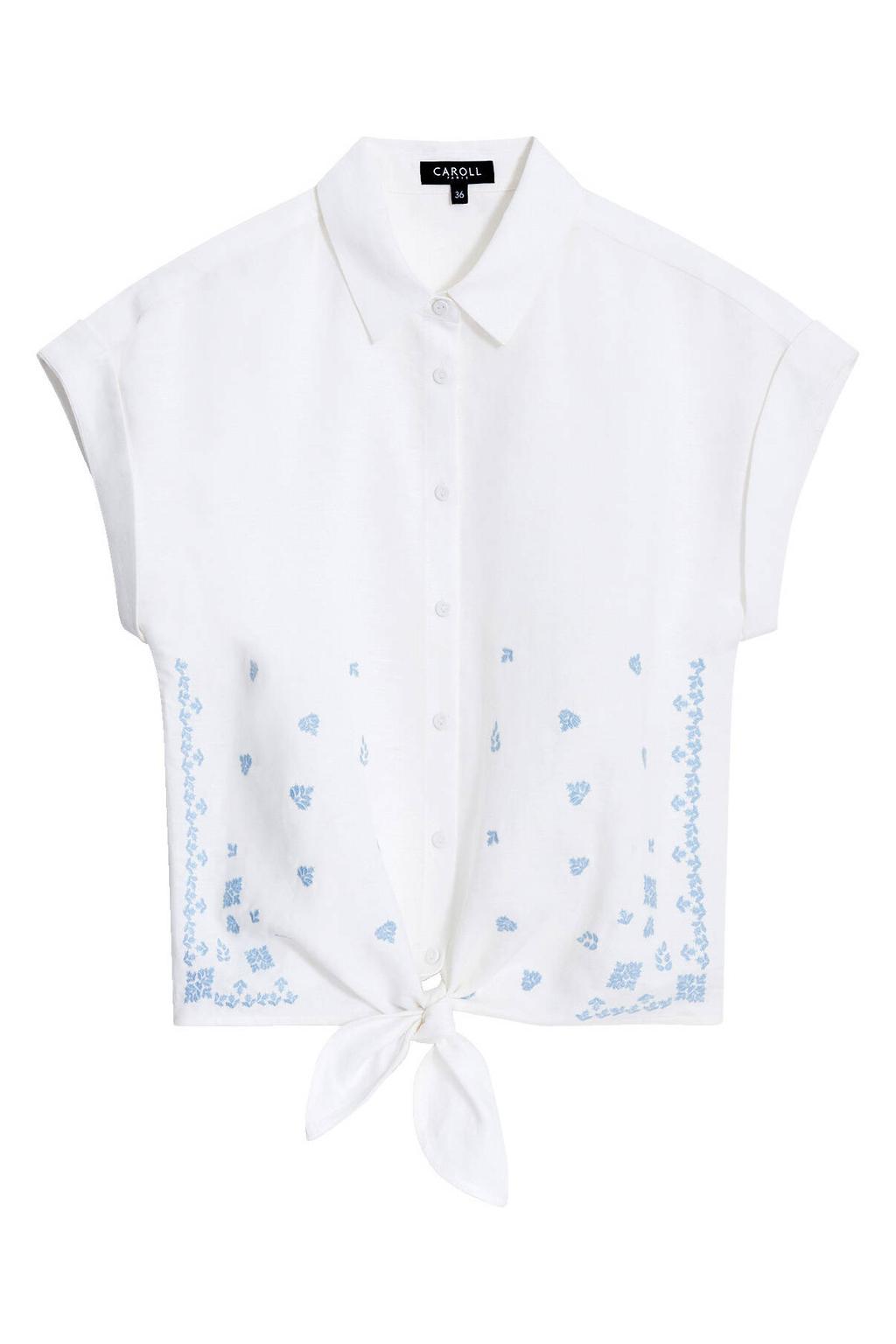 Witte dames Caroll gebloemde blouse van linnen met korte mouwen, klassieke kraag, knoopsluiting en borduursels