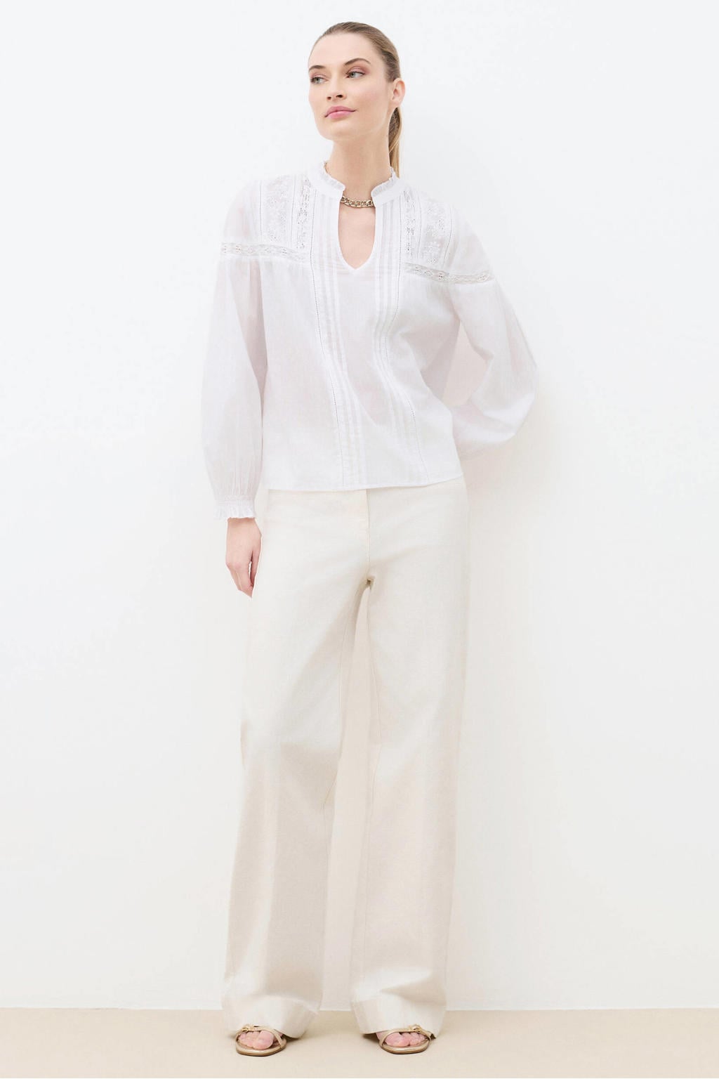 Witte dames Caroll blousetop van katoen met effen, lange mouwen, V-hals en borduursels