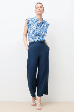 wide leg high waist casual broek met linnen marine