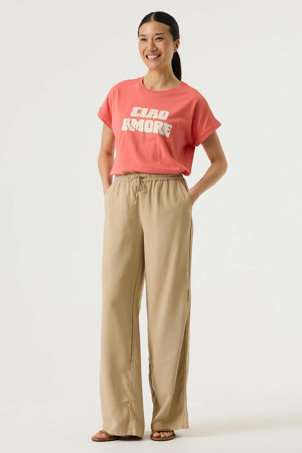 Roze dames Garcia T-shirt van katoen met effen, korte mouwen en ronde hals