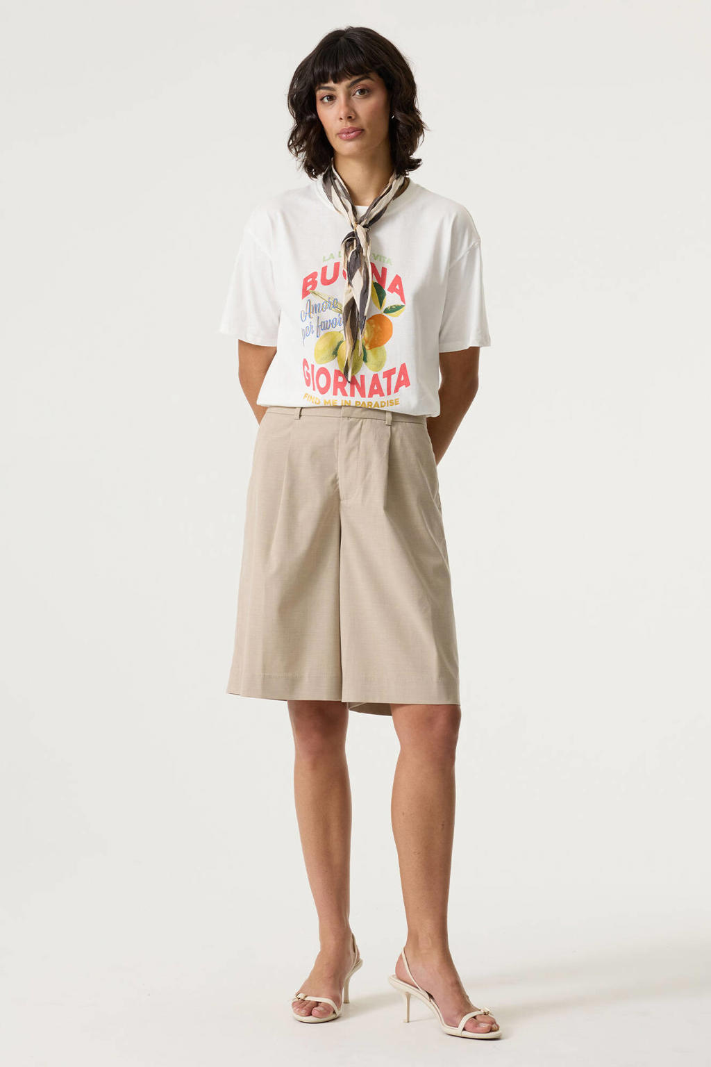 Witte dames Garcia T-shirt van katoen met printopdruk, korte mouwen en ronde hals