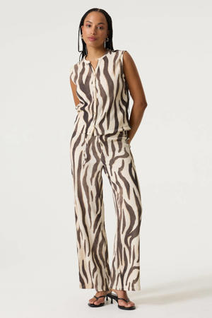 wide leg regular waist broek met zebraprint ecru