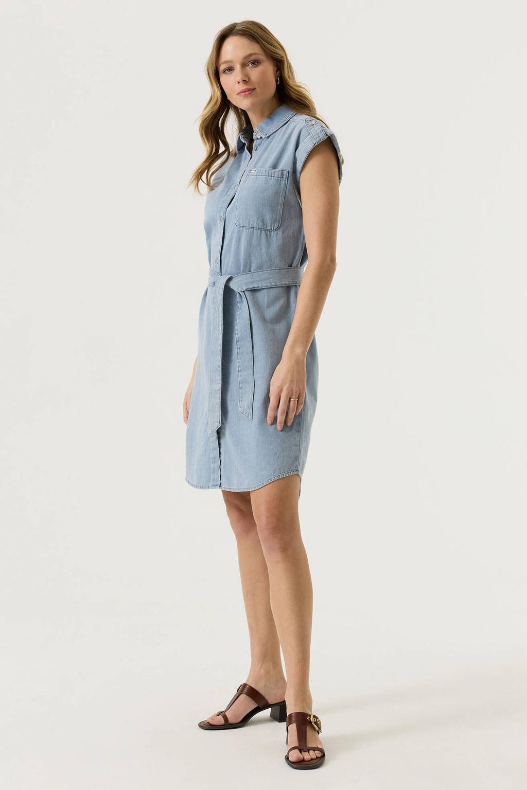 Light blue denim dames Garcia mini jurk van denim met effen, korte mouwen, button down sluiting en knoopsluiting