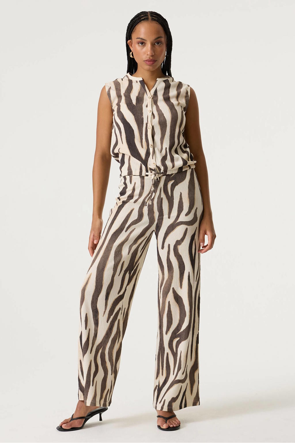 Ecru en bruine dames Garcia top van viscose met zebraprint en V-hals