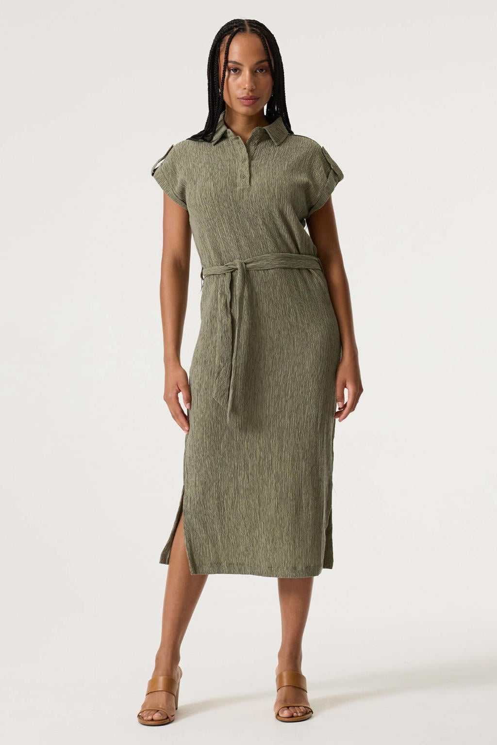 Olijfgroene dames Garcia midi jurk van lyocell met effen, korte mouwen, klassieke kraag en knoopsluiting
