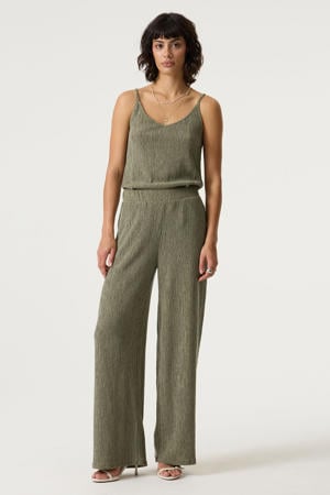 regular waist wide leg broek met textuur - olijfgroen