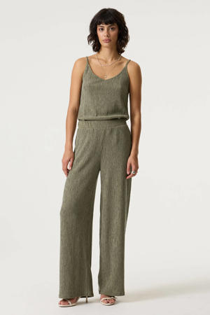 regular waist wide leg broek met textuur - olijfgroen