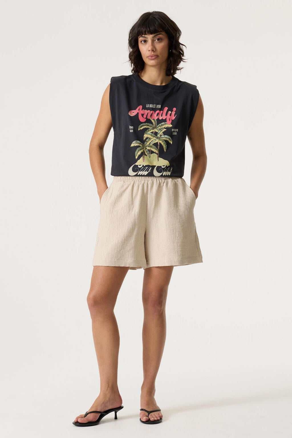 Antraciete dames Garcia T-shirt van katoen met printopdruk en ronde hals