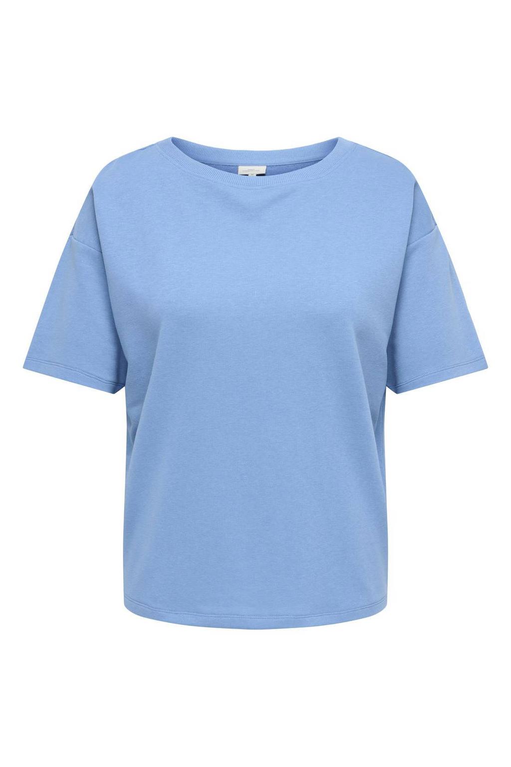 Blauwe dames ONLY CARMAKOMA T-shirt van polyester met backprint, korte mouwen en ronde hals
