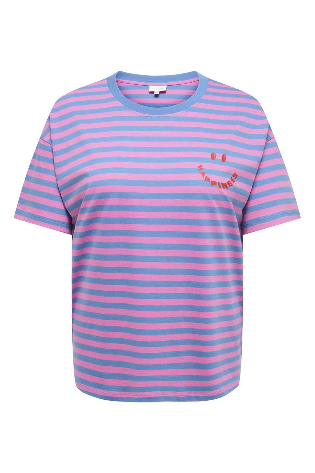 Lilakleurige dames ONLY CARMAKOMA T-shirt van katoen met strepenprint, korte mouwen en ronde hals
