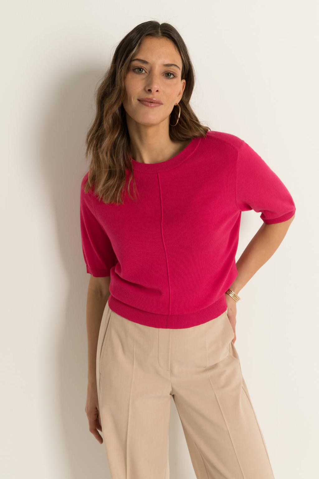 Fuchsia dames Claudia Sträter pullover van viscose met effen, half lange mouwen, ronde hals en gebreide details