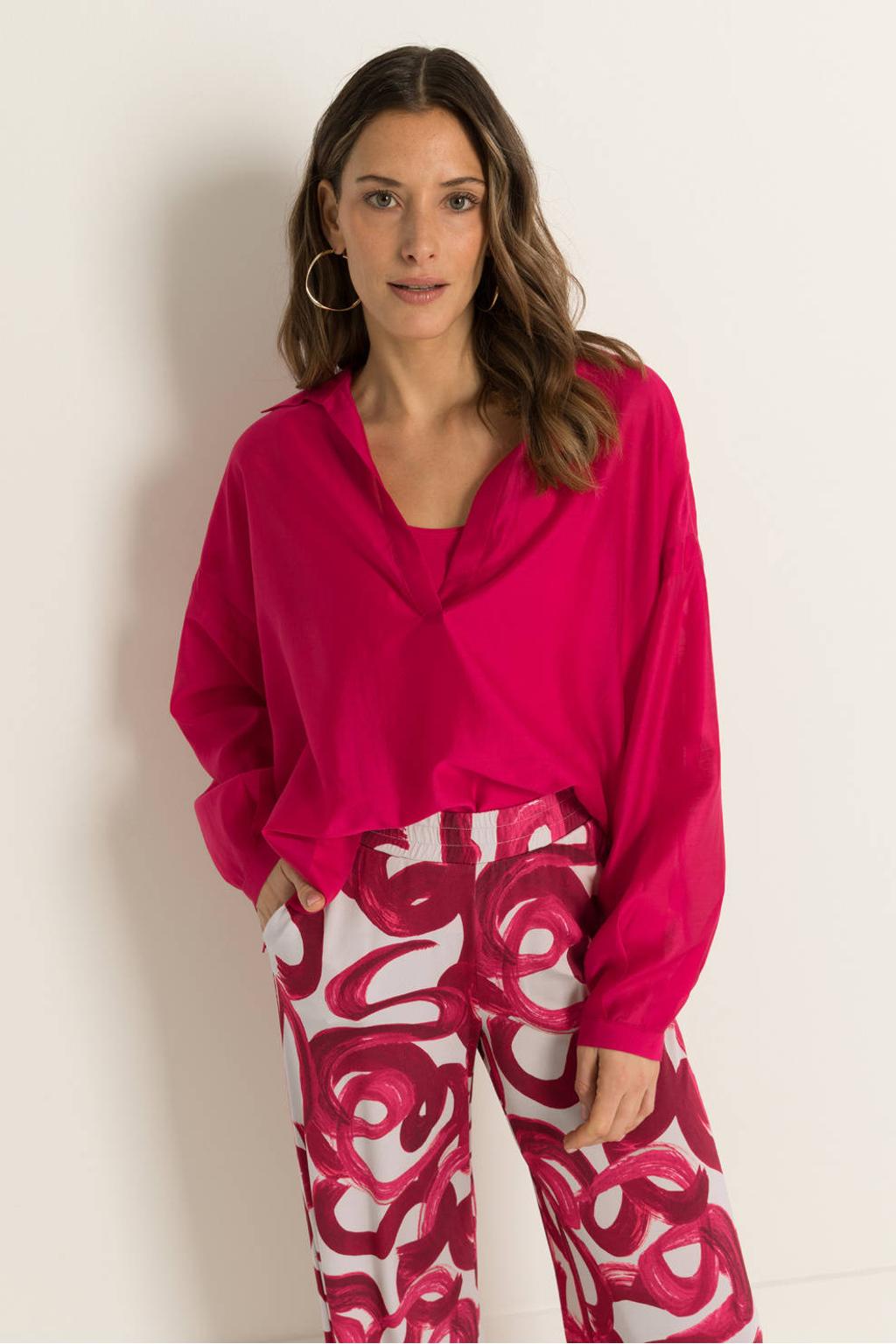 Fuchsia dames Claudia Sträter blousetop van lyocell met effen, lange mouwen, V-hals en glimmend detail