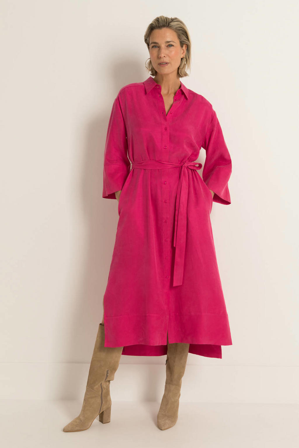 Fuchsia dames Claudia Sträter blousejurk van lyocell met effen, driekwart mouwen, klassieke kraag, knoopsluiting en ceintuur