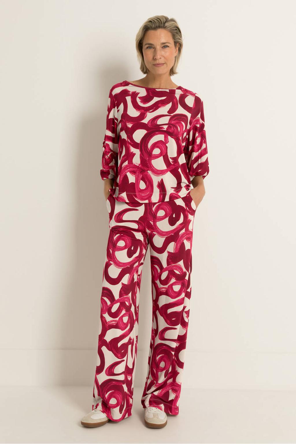 Donkerrood en ecru dames Claudia Sträter wide leg regular waist broek van viscose