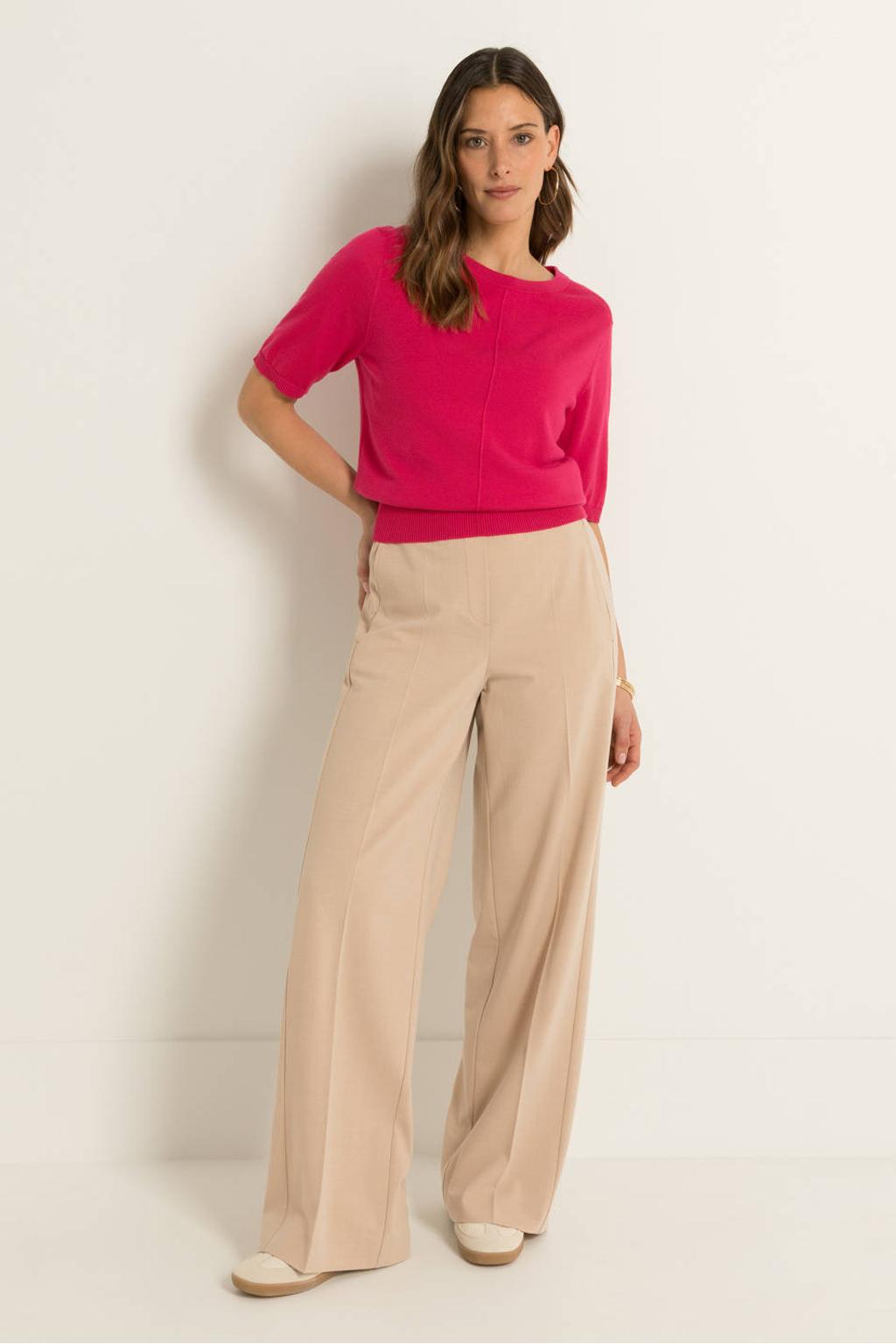 Beige dames Claudia Sträter wide leg regular waist broek met effen