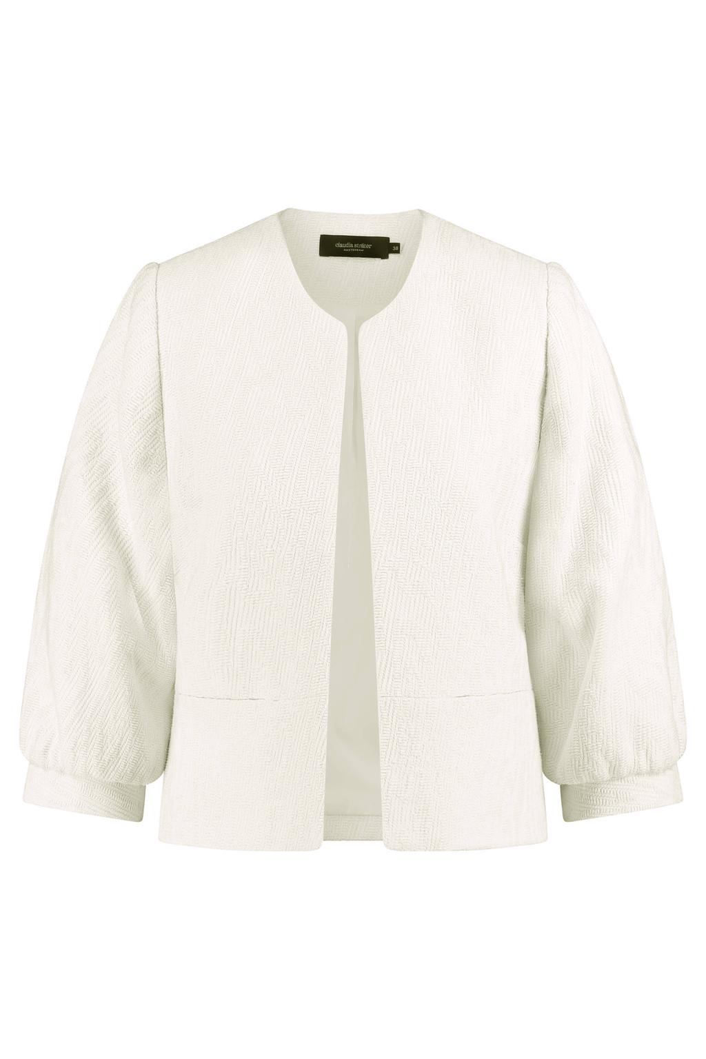 Crème dames Claudia Sträter regular blazer crème van katoen met effen, driekwart mouwen, ronde hals en geweven detail