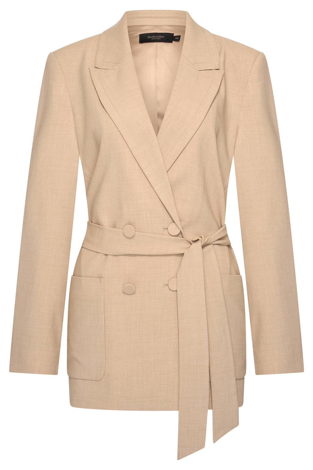 Beige dames Claudia Sträter regular blazer van polyester met effen, lange mouwen, reverskraag, knoopsluiting en ceintuur