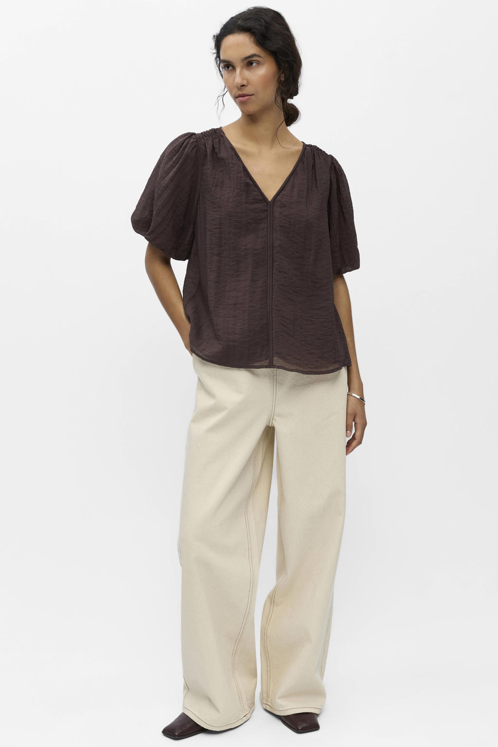 Donkerblauwe dames OBJECT top van viscose met effen, korte mouwen, V-hals en geweven detail